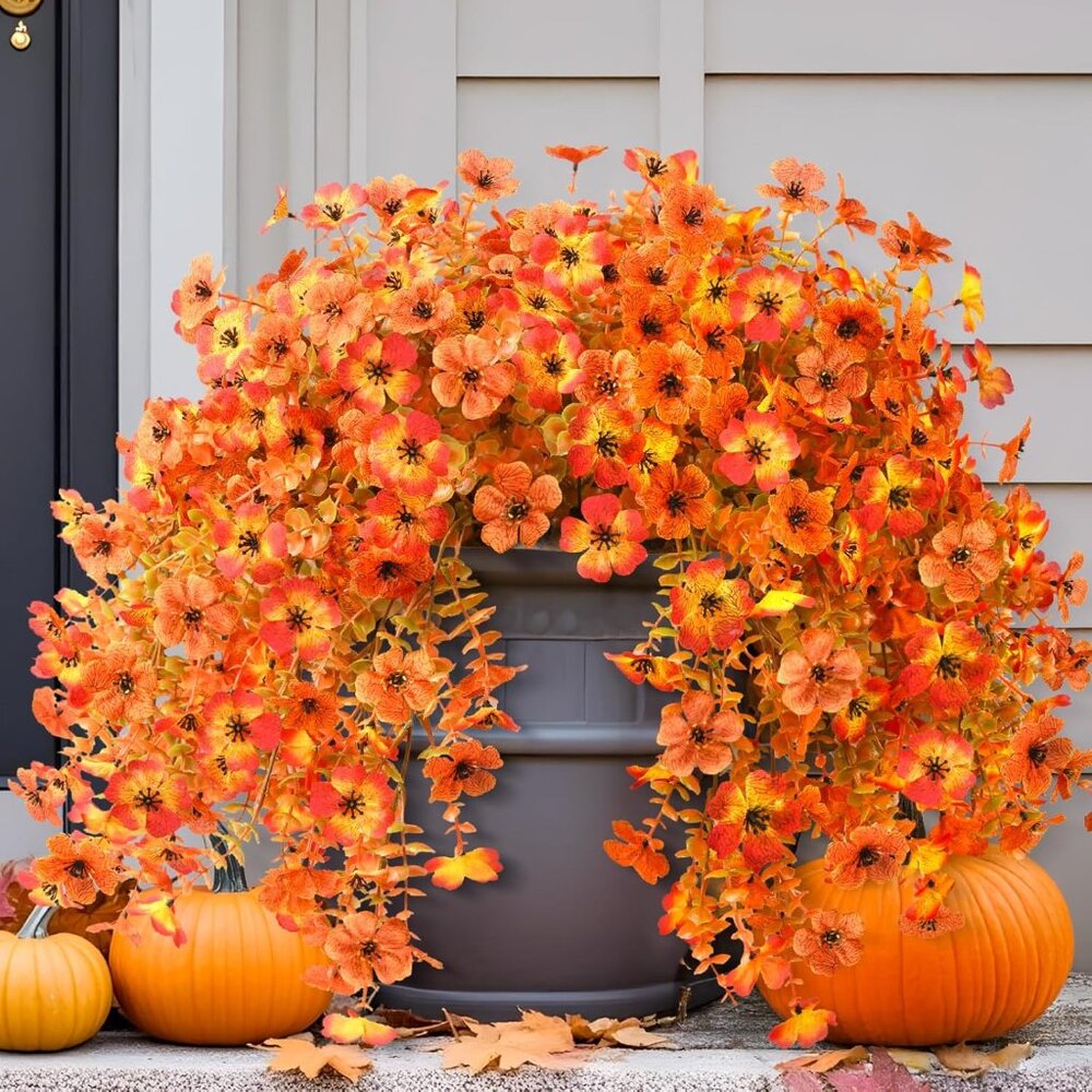 Red Orange Artificial Hanging Faux 2-Pcs Flowers Plants Outdoors Home Decor